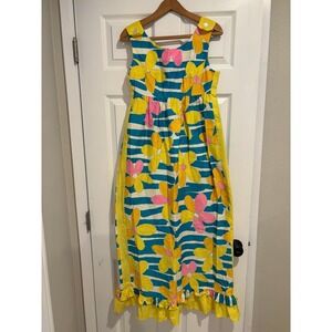 Vtg 60s MALIHINI Hawaii Hostess Gown‎ Mod Floral Barkcloth Rare Back Buttons XS